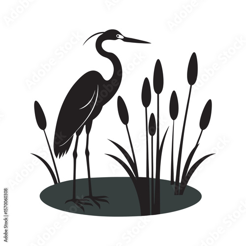 Heron Silhouette With Cattails And Lily Pads