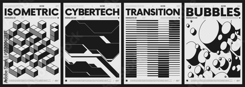 Modern abstract poster collection, vector minimalist posters with geometric shapes in black and white, brutalist style inspired graphics, bold aesthetic, shape distortion effect set 20