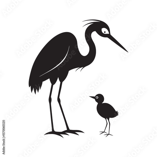 Heron Caring For Baby Chick Silhouette