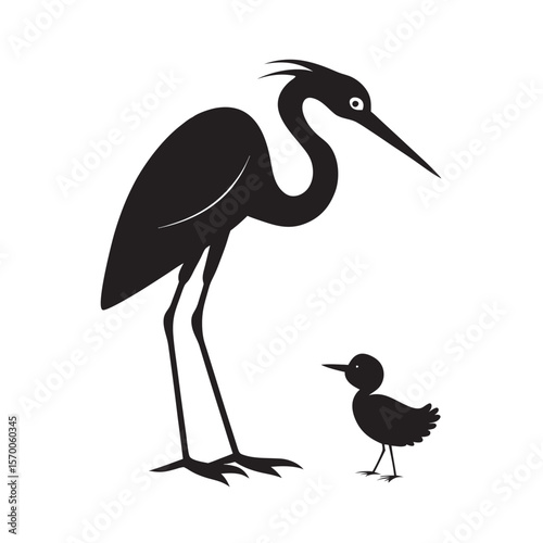 Heron Silhouette With Baby Chick Nearby