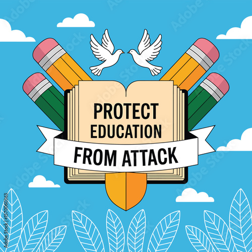 Vector Graphic Urging Protection of Education from Attack, Featuring Pencils, Doves