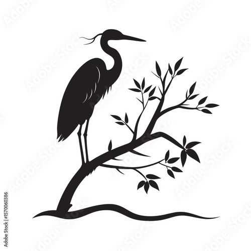 Heron Sitting Calmly On Tree Branch Silhouette