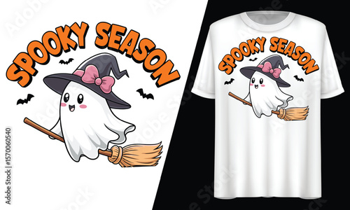 Spooky Season, Ghost Witch Broom Halloween, T-Shirt Design.