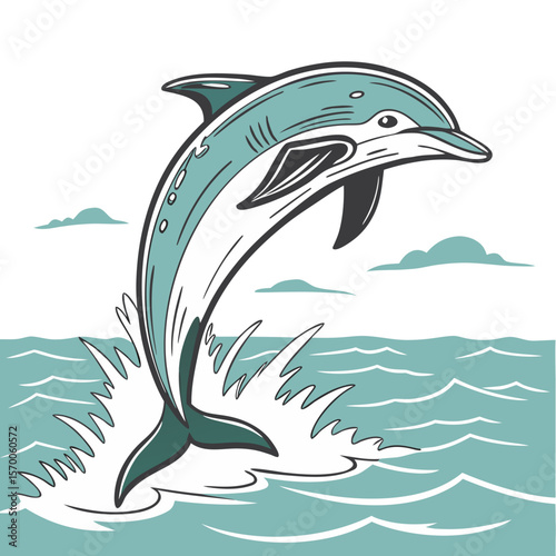 Dolphin illustration leaping from ocean waves, showcasing dynamic movement and energy, with splashes of water and a serene sky in the background, capturing marine life in action