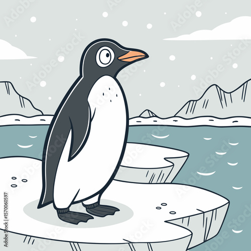 Cartoon illustration of a penguin standing on an ice floe, surrounded by a serene ocean and distant mountains, capturing a whimsical and playful winter scene
