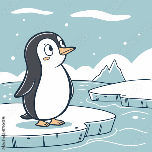Cute cartoon penguin standing on an ice floe in a serene ocean scene, surrounded by snow-capped mountains and a clear blue sky, showcasing a whimsical winter landscape