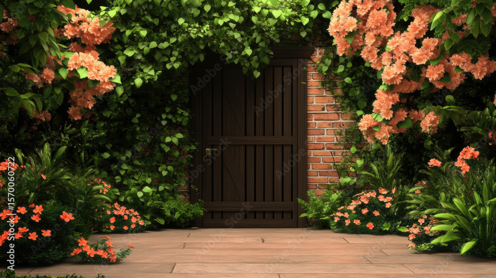 Fototapeta premium Wooden door surrounded by vibrant ivy and blooming flowers in serene outdoor courtyard with brick wall and wooden flooring, creating peaceful and inviting atmosphere