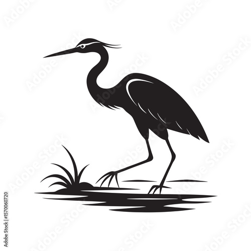 Graceful Heron Strolling Along River Silhouette