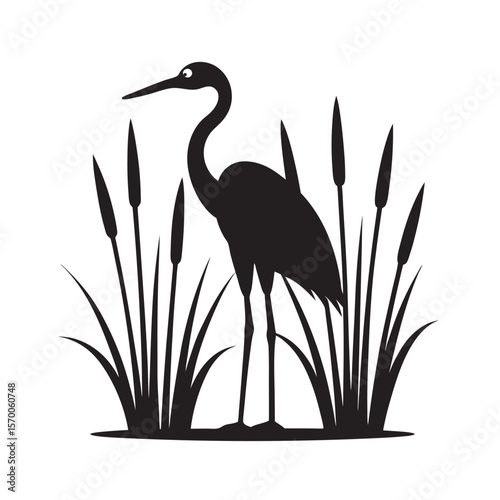 Heron Hidden In Grassy Wetlands Silhouette