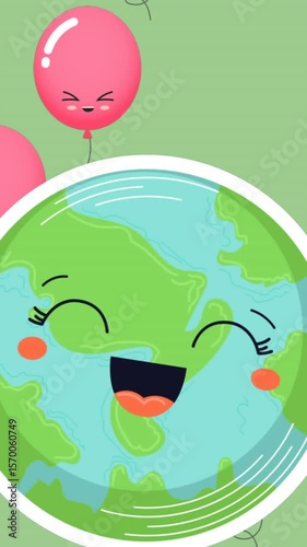 Animation of balloons and happy globe on green background