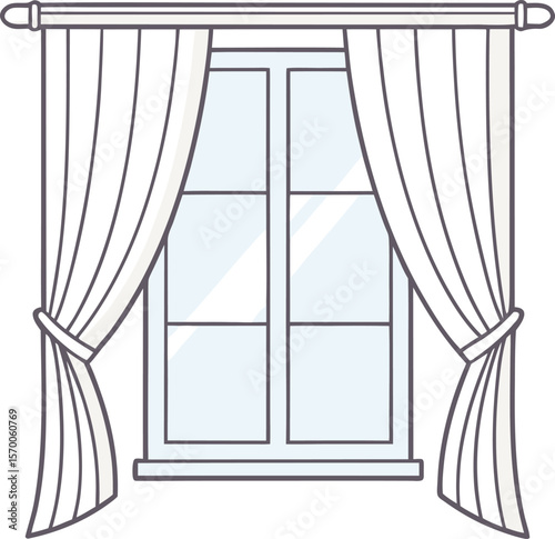 Simple illustration of a window with light blue panes and white curtains tied back