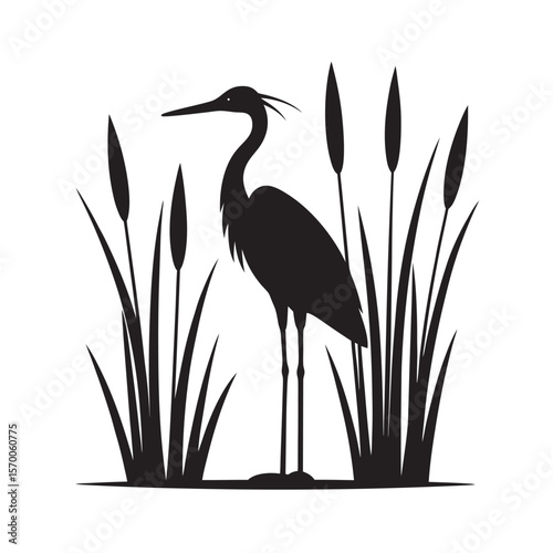 Heron Silhouette In Tall Grass Reeds