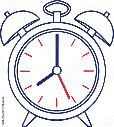 Simple line art illustration of a classic alarm clock with dark blue outline and red accents