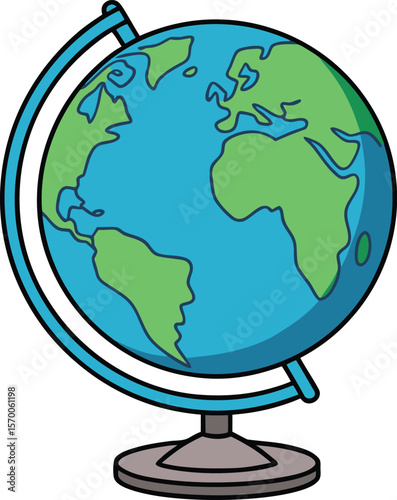 Stylized illustration of a blue and green earth globe on a gray stand world planet