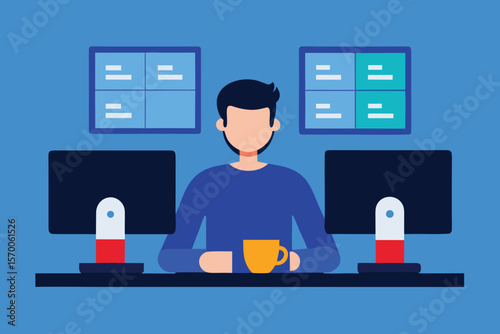 Person coding on dual monitors with coffee computer desk