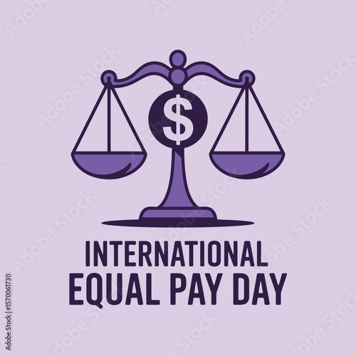 International Equal Pay Day Illustration with Scales of Justice and Dollar Sign Symbolizing Gender Equality and Fair Compensation in a Minimalist Purple Design