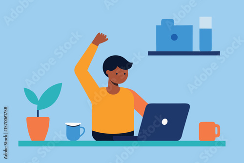 Person working on laptop stretching arms with coffee and plant desk
