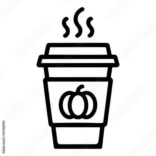 Steaming pumpkin spice latte coffee to go cup with pumpkin logo. Black and white vector icon representing autumn drinks and seasonal coffee