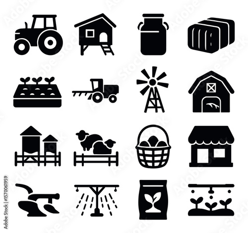 Farm icon collection, agricultural symbols. farming and rural lifestyle design set