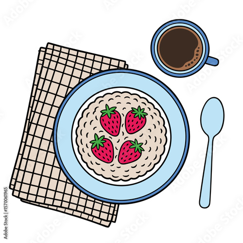 Bowl of oatmeal with strawberries, cup of black coffee cup, spoon, and checkered napkin, top view, a healthy breakfast illustration
