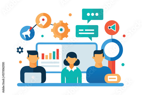 Team planning digital marketing campaign with charts and icons business