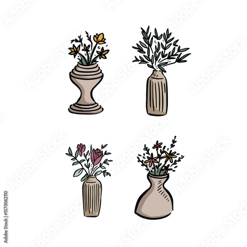 Four vases with flowers and greenery in. Hand drawn.