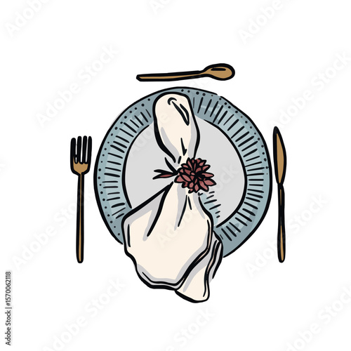 A blue plate with cutlery and napkin on the top. Wedding place setting example or a dinner party.