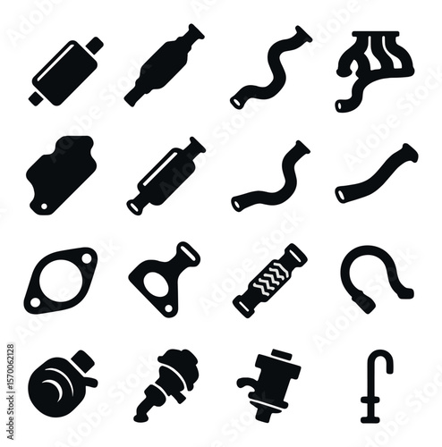 Exhaust system icon collection, automotive and mechanical parts set for design use