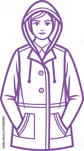 Woman wearing a purple hooded raincoat with pockets and buttons female person