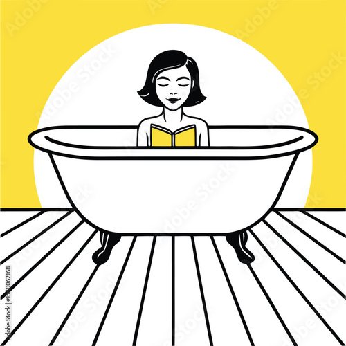 Woman reading a book in a bathtub with yellow background and wooden floor vector