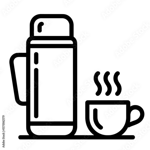 Thermos flask with handle and steaming coffee cup, black and white vector icon representing hot drinks, travel, and beverage containers