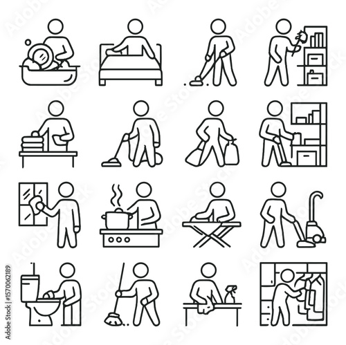 Daily chores collection, home task symbols. routine and cleanup activity icons set