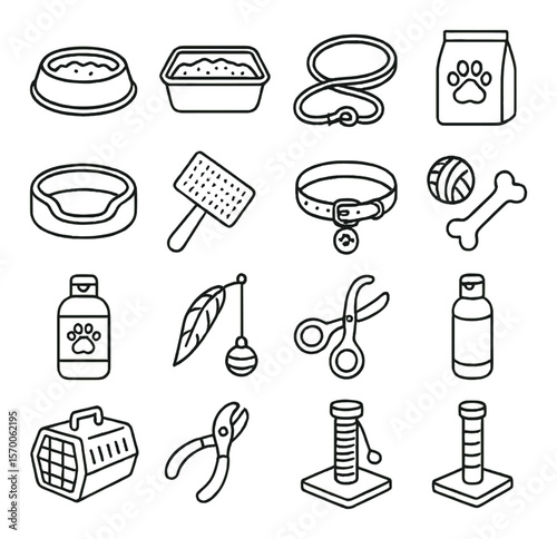 Pet care essentials collection, animal welfare icons. simple grooming and supplies set