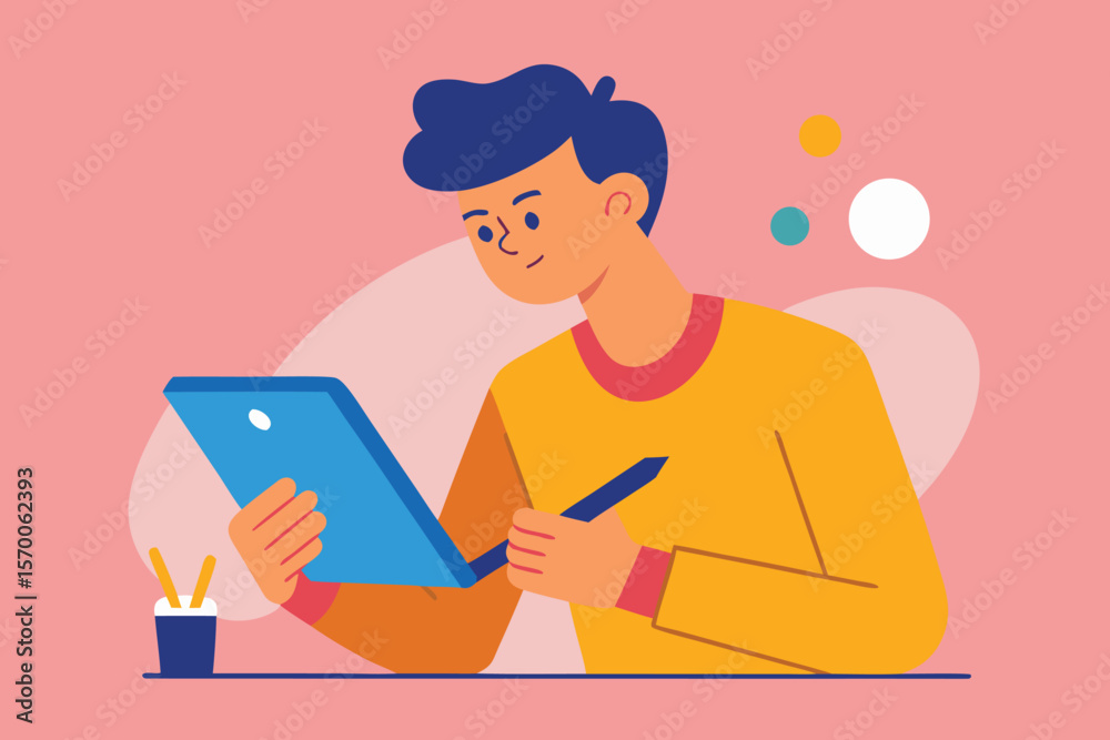 Young man sketching on digital tablet with stylus vector Young man sketching on digital tablet with stylus vector