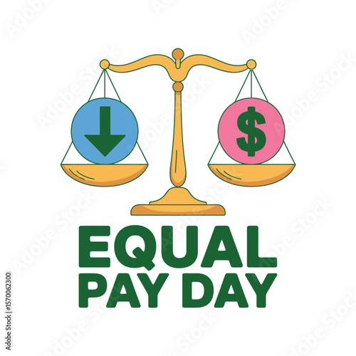 Equal Pay Day Illustration Featuring Scales with Arrow and Dollar Sign in Pans, Symbolizing Wage Equality and Economic Justice for Women and Minorities, Promoting Fairness