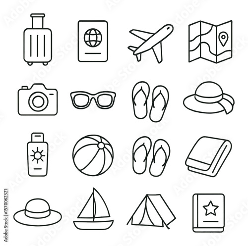 Travel essentials icon collection. journey, holiday symbols and vacation trip elements.