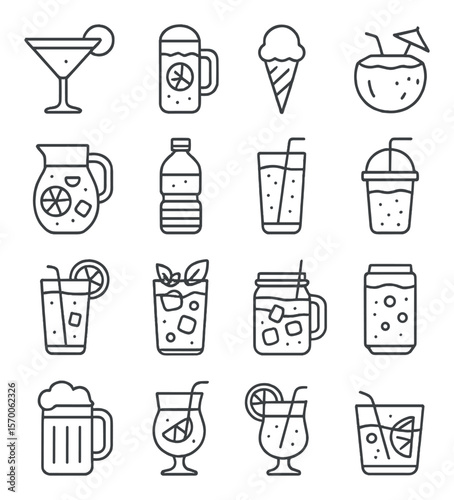 Summer drink collection, beverage icon set. refreshing cocktail and juice symbols