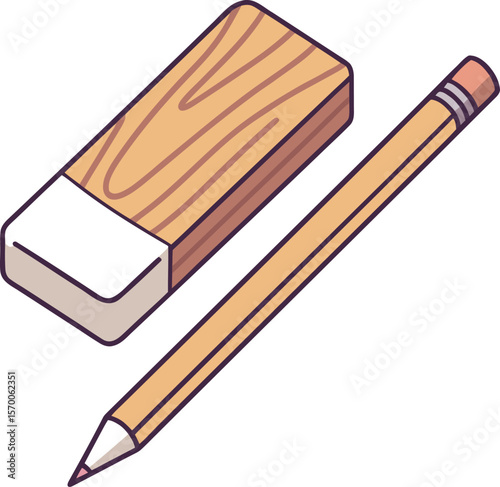 Wooden pencil and eraser with wood grain texture and purple outline stationery writing