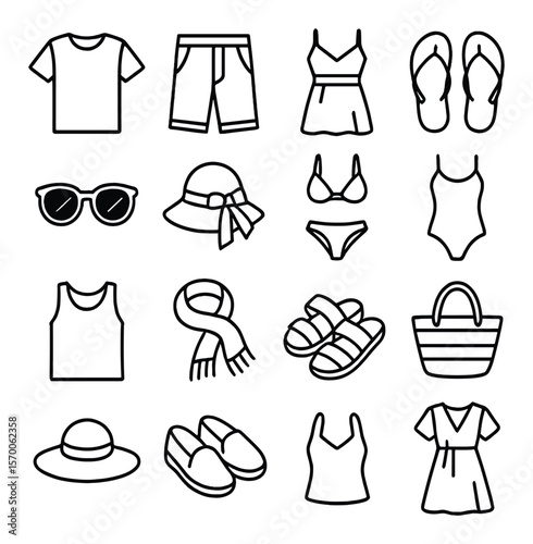 Summer fashion icon collection, seasonal apparel symbols. clothing and accessory set