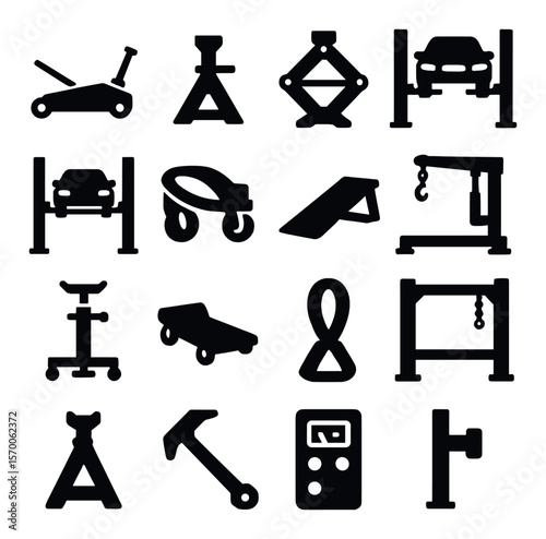 Vehicle lifting tools collection, essential automobile equipment. garage and repair icons set