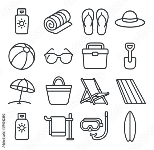 Beach essentials collection: summer, seaside, and ocean-themed icon set