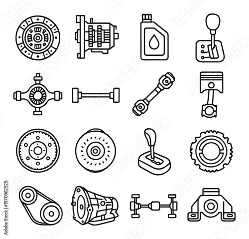 Auto transmission icon collection: gearbox, drivetrain, and automotive repair symbols