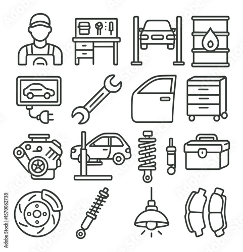 Mechanic workshop collection, auto repair symbols. car maintenance and garage tools set