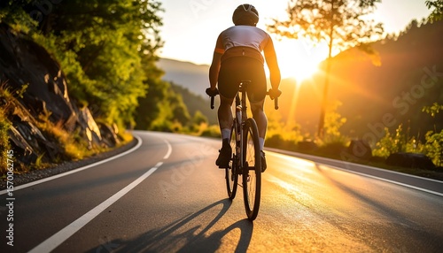 Cyclist on winding road at sunrise