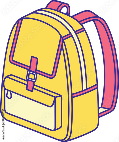 Yellow backpack with pink straps and purple outline on white background school bag