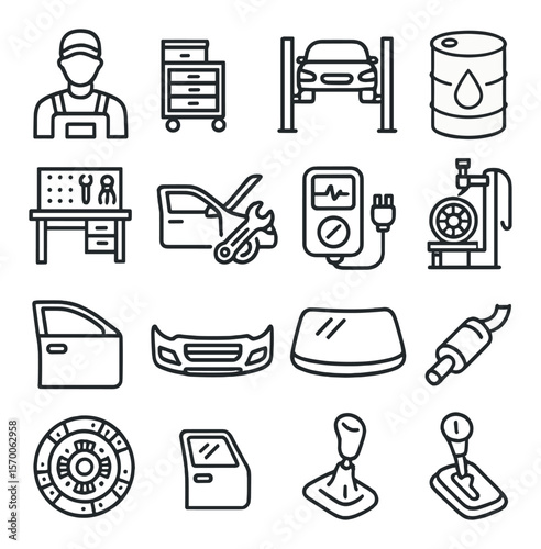 Auto repair collection, car maintenance symbols. vehicle service and workshop tools set