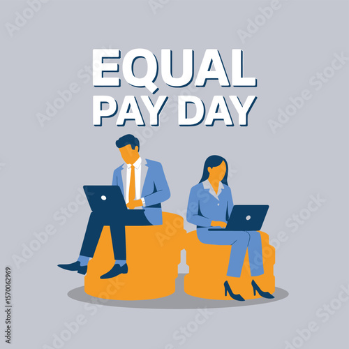 Equal Pay Day Illustration Two Professionals, Man and Woman, Working on Laptops