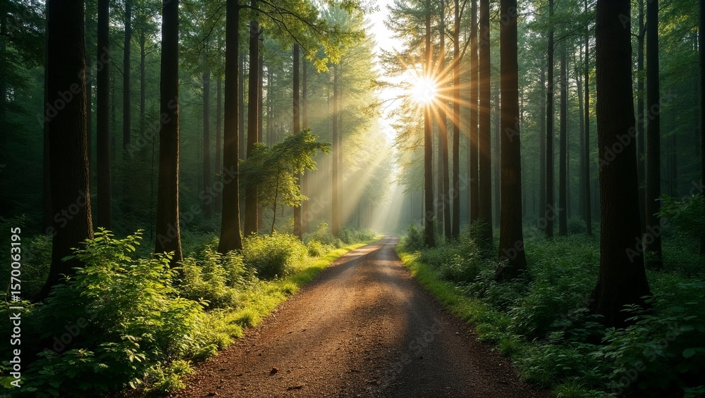 Fototapeta premium Dirt path winding through tall pine trees with sun rays shining through dense green forest, evoking peace and natural beauty