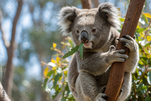 Koala bear eating eucalyptus on a tree branch.