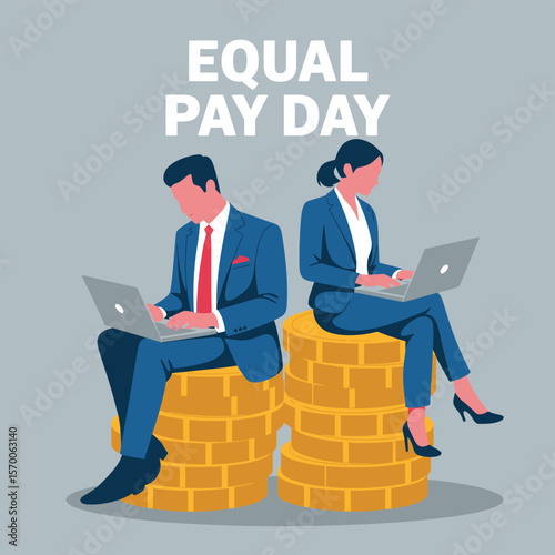 Equal Pay Day Illustration Businesswoman and Businessman Working on Laptops While Sitting on Stacks of Coins, Promoting Gender Equality and Fair Compensation in the Workplace